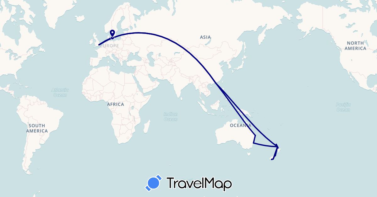 TravelMap itinerary: driving in Australia, China, Denmark, United Kingdom, New Zealand, Sweden (Asia, Europe, Oceania)